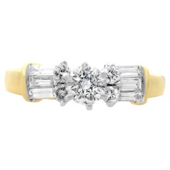1.00Cttw Round & Baguette Cut Diamond Engagement Ring 14K Yellow Gold Size 6.5