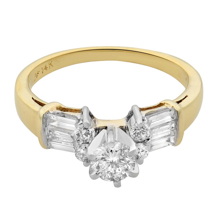 1.00Cttw Round and Baguette Cut Diamond Engagement Ring 14K Yellow Gold ...