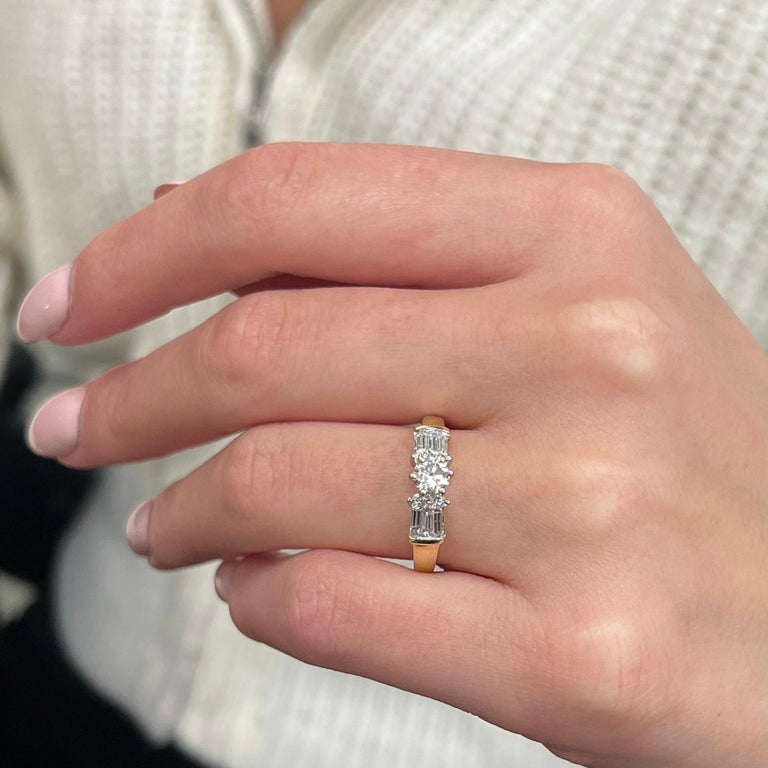 1.00Cttw Round and Baguette Cut Diamond Engagement Ring 14K Yellow Gold ...