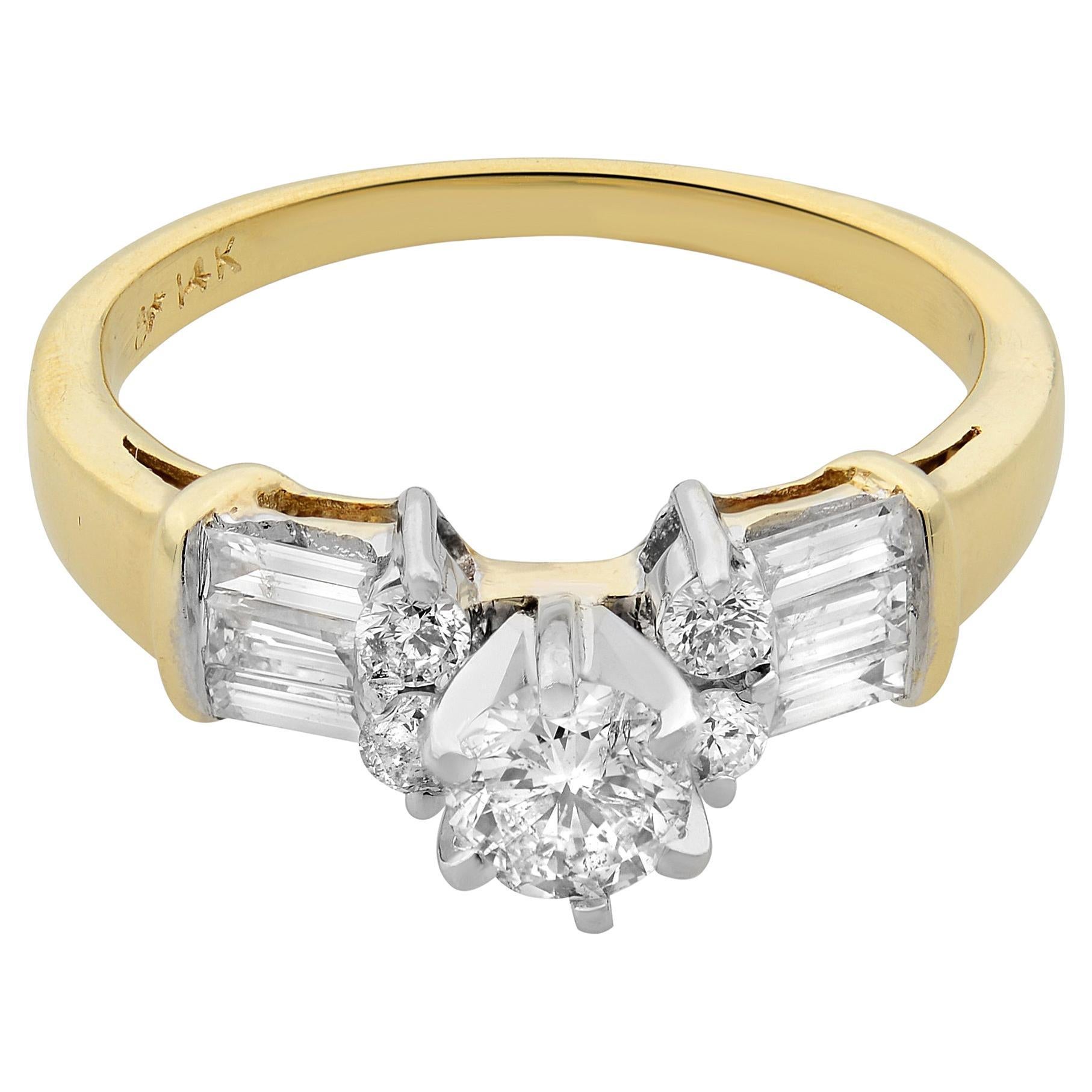 1.00Cttw Round & Baguette Cut Diamond Engagement Ring 14K Yellow Gold Size 6.5 For Sale