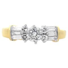 1.00Cttw Round & Baguette Cut Diamond Engagement Ring 14K Yellow Gold