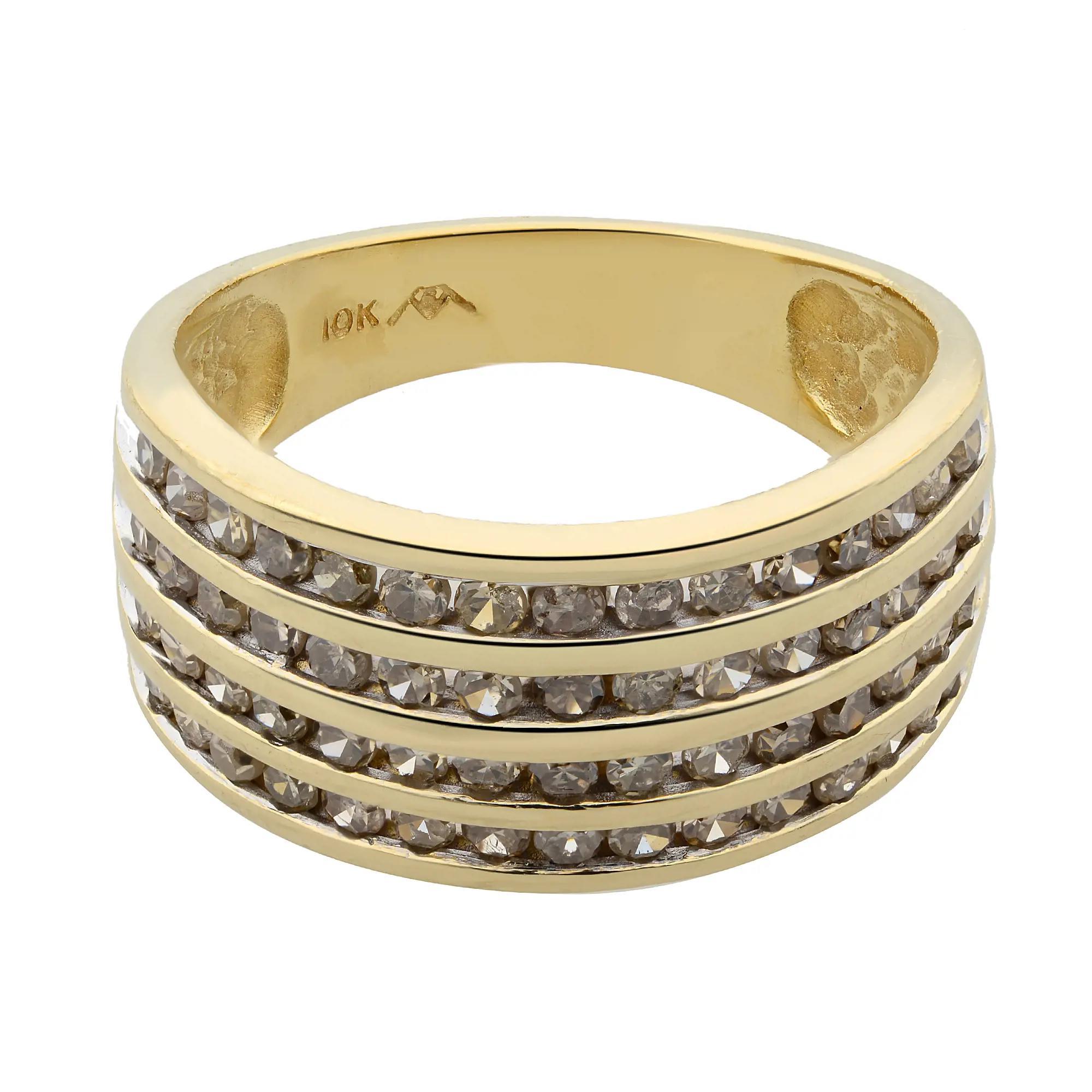 This elegant and classic diamond wedding band ring is crafted in 10k yellow gold. Features four rows of channel set round brilliant cut diamonds weighing 1.00 carat. Ring width: 9.3 mm. Ring size: 7.25. Total weight: 5 grams. Great pre-owned