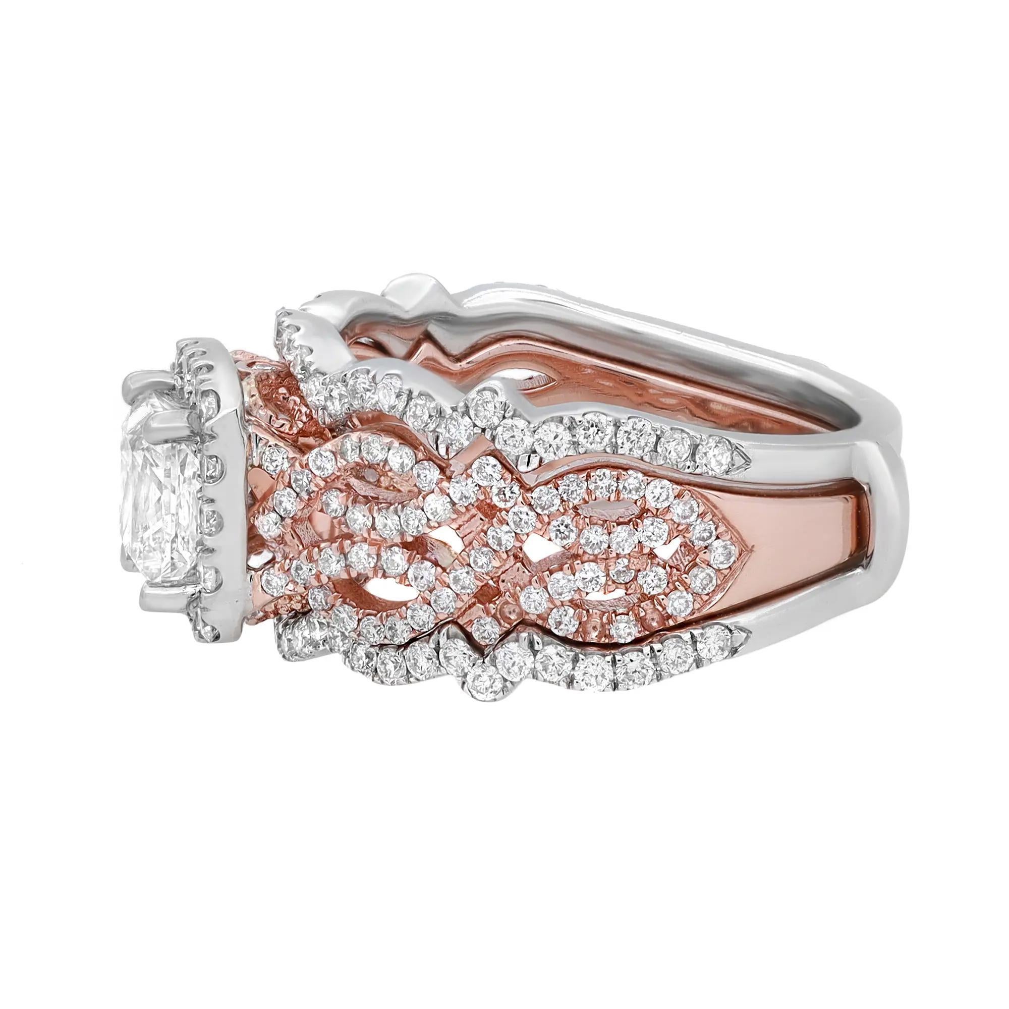 This enchanting engagement ring is adorned with a sparkling GSI certified square modified brilliant diamond in the center weighing 1.00 carat, secured firmly in a beautiful four prong setting and a classic wide pave set diamond rose gold band. This