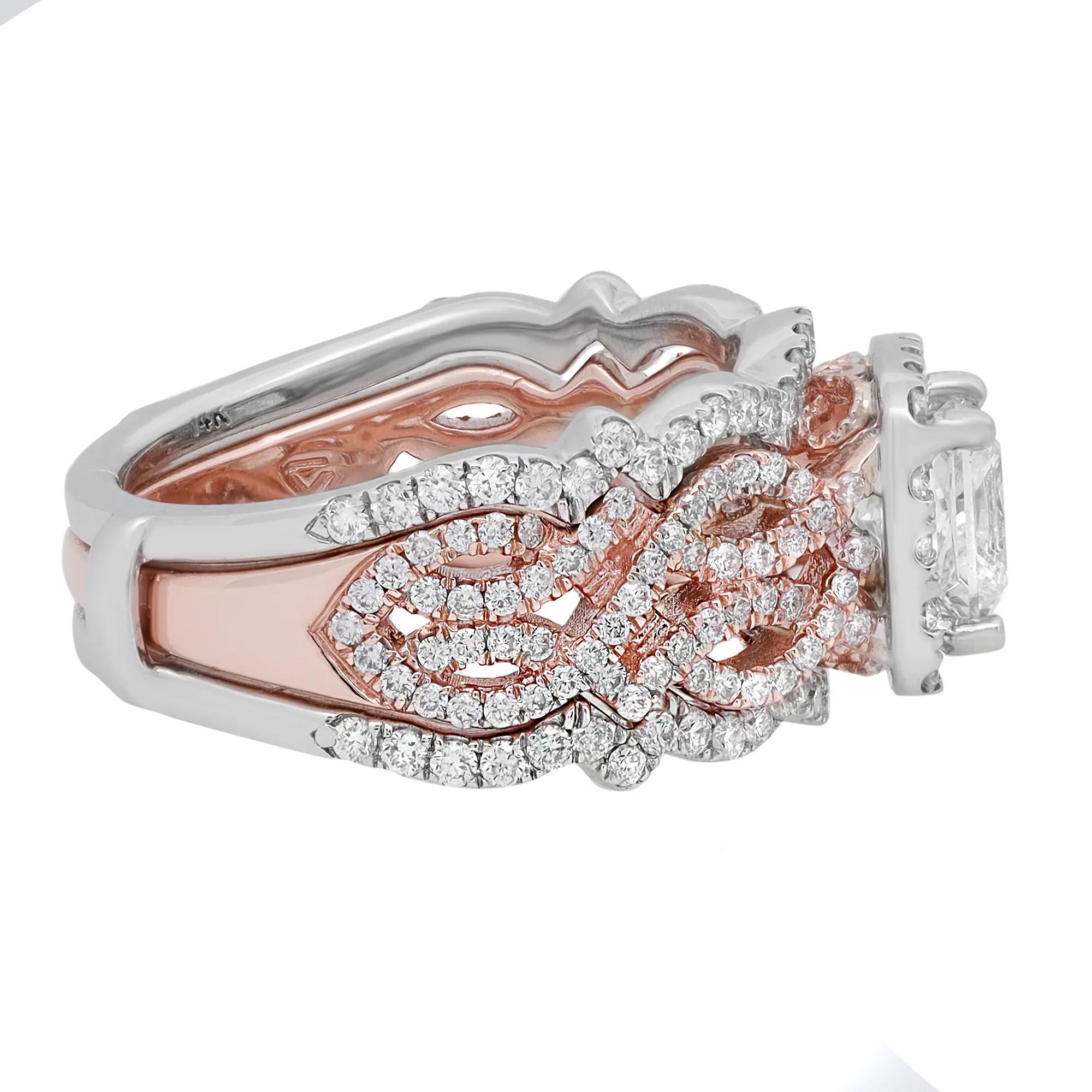Round Cut 1.00cttw Square Diamond Double Band Engagement Ring 14k Rose & White Gold For Sale