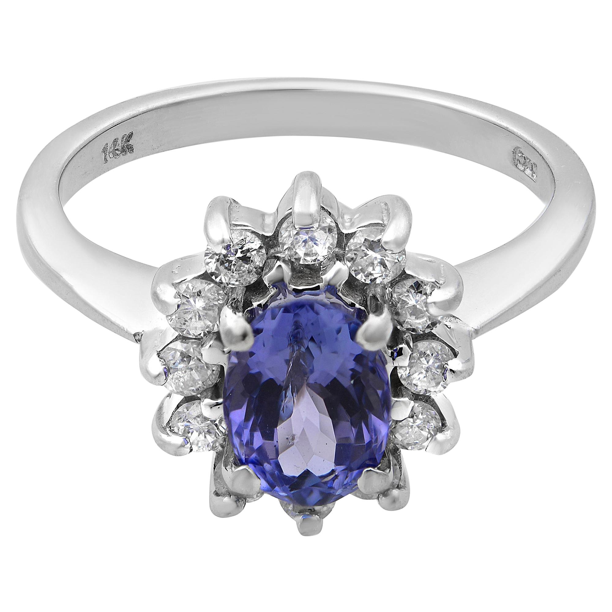 1.00Cttw Tanzanite And 0.60Cttw Diamond Engagement Ring 14K White Gold For Sale