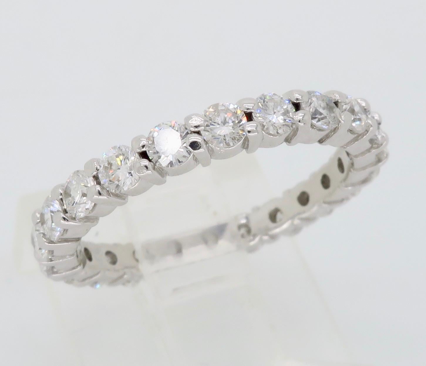 Perfect diamond eternity band made in 14k White Gold.

Diamond Carat Weight: Approximately 1.00CTW
Diamond Cut: Round Brilliant Cut Diamonds
Color: Average F-H
Clarity: Average VS-SI
Metal: 14K White Gold
Marked/Tested: 14k
Weight: 2.0 Grams
Ring
