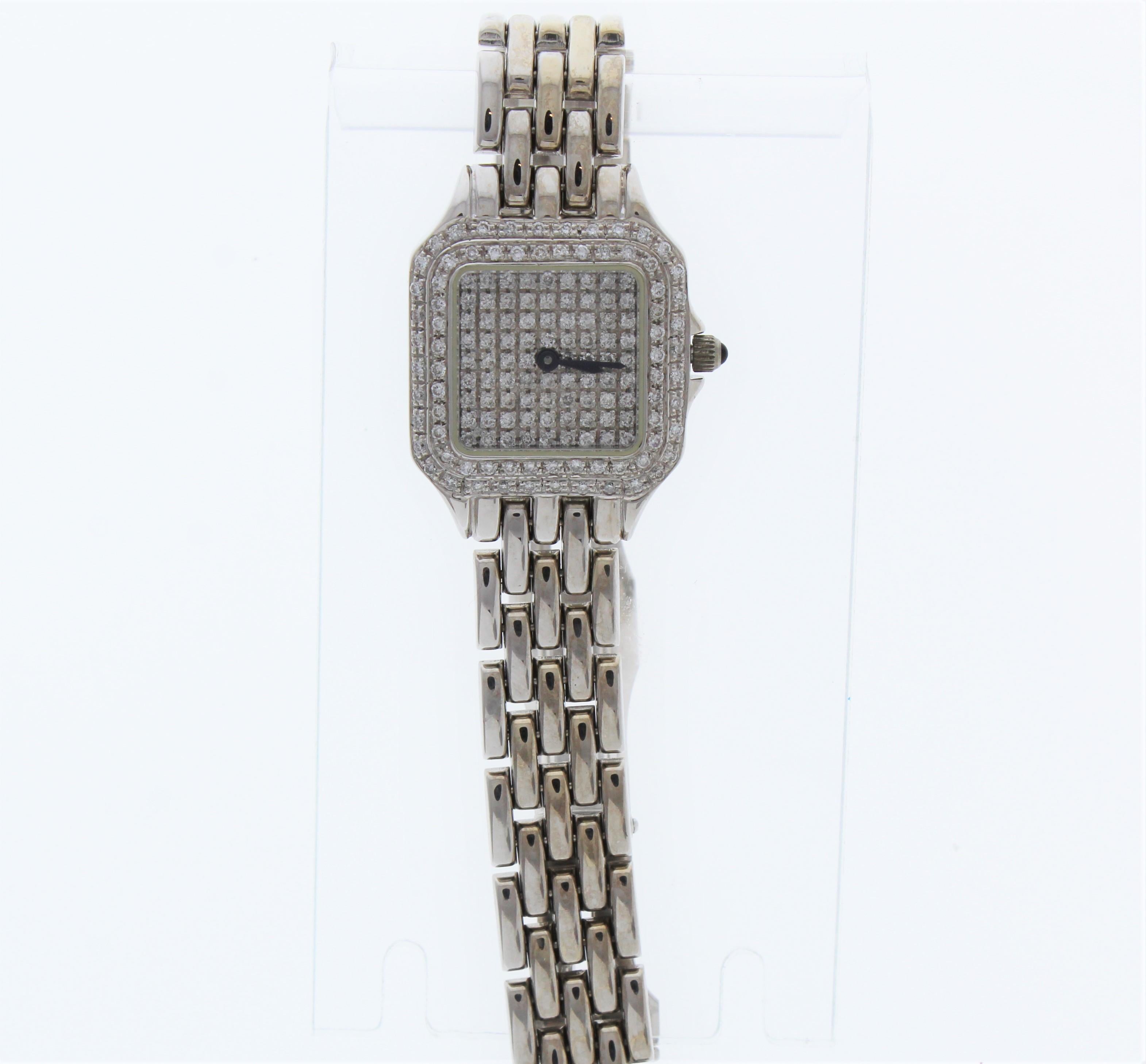 This unique watch showcases small round cut brilliant diamonds that total up to 1.00carats and set in 14K White Gold.