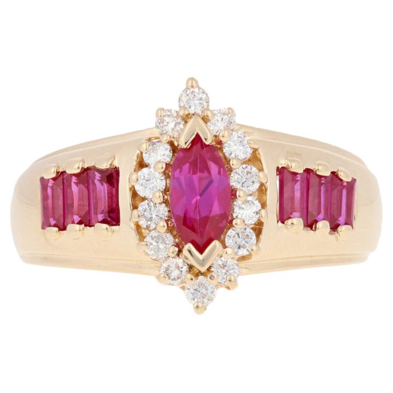 1.00ctw Marquise Cut Synthetic Ruby & Diamond Ring, 14k Yellow Gold Halo