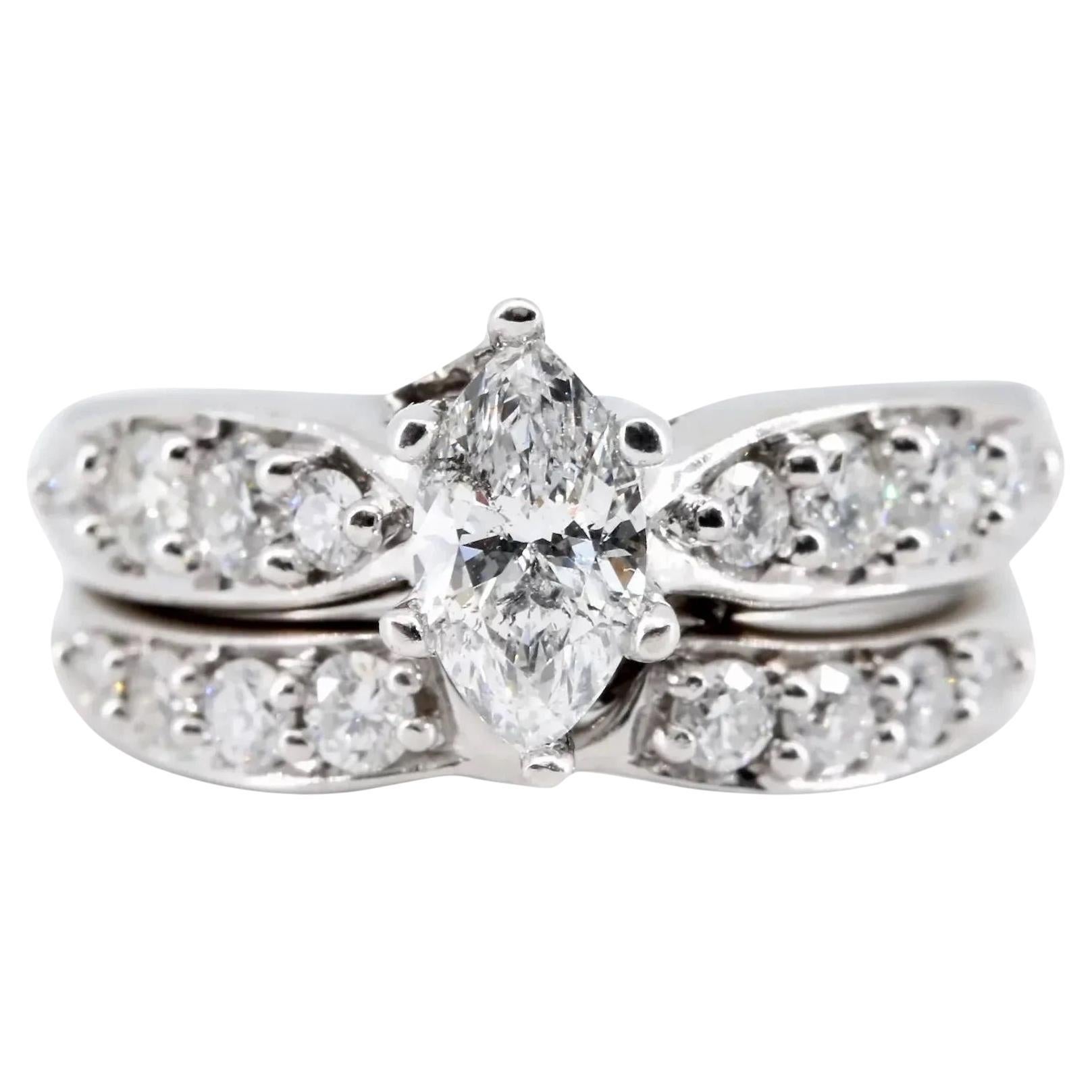 1.00Ctw Marquise & Round Diamond Bridal Engagement Suite 18K White Gold