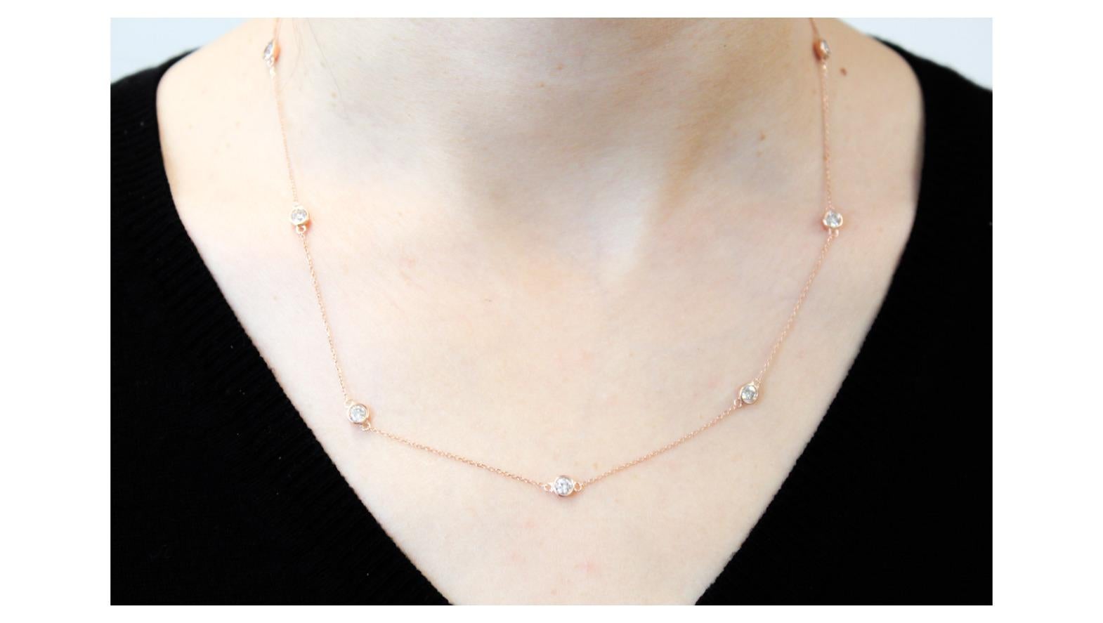 A gorgeous diamond necklace will rarely go overlooked. This 18” piece is both rare and stunning. It includes bezels that set white round diamonds. There are 10 white diamonds that total 1.00 and are I-J color and I1/I2 clarity. This versatile