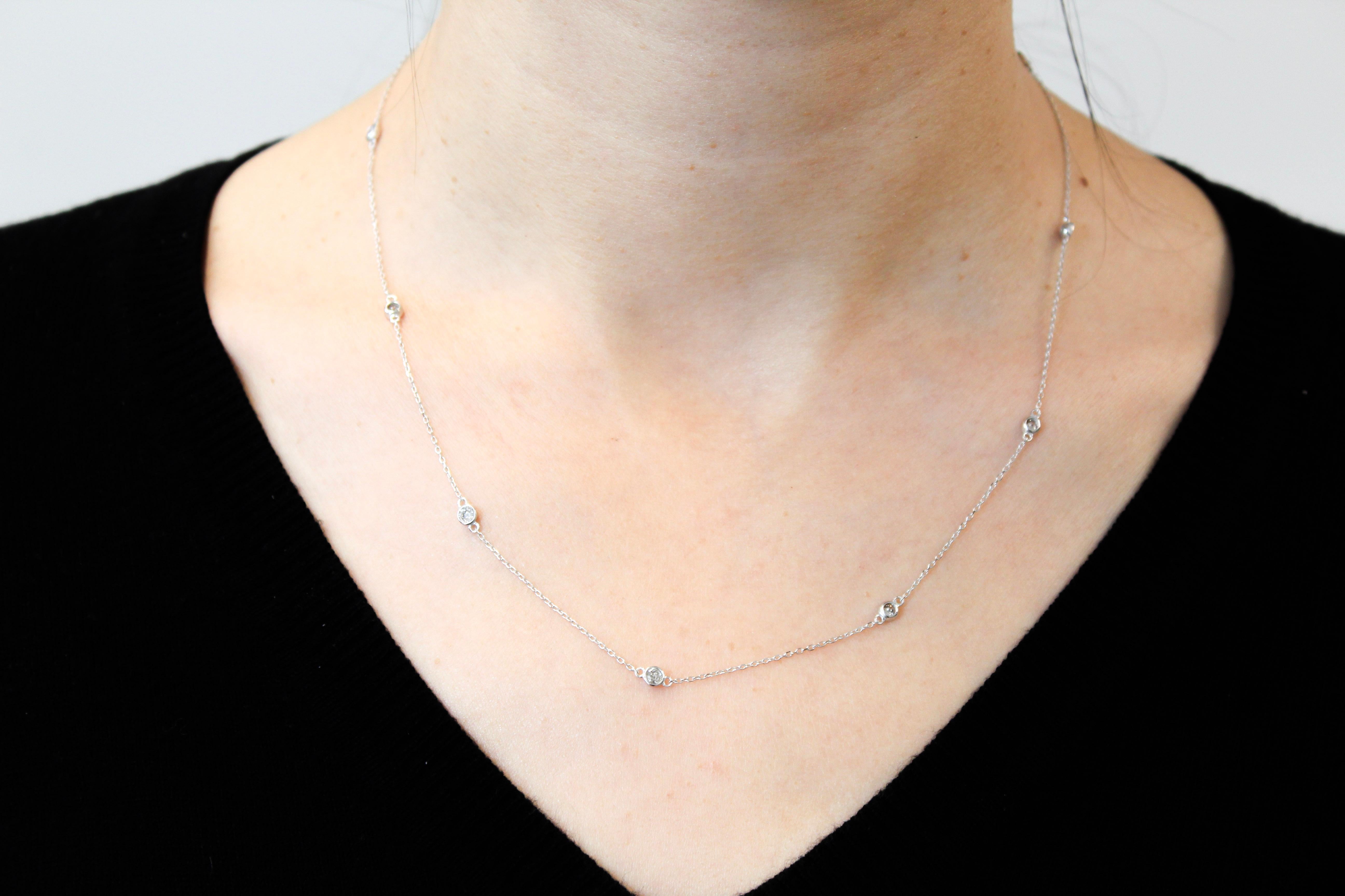 A gorgeous diamond necklace will rarely go overlooked. This 18” piece is both rare and stunning. It includes bezels that set white round diamonds. There are 10 white diamonds that total 1.00 and are I-J color and I1/I2 clarity. This versatile