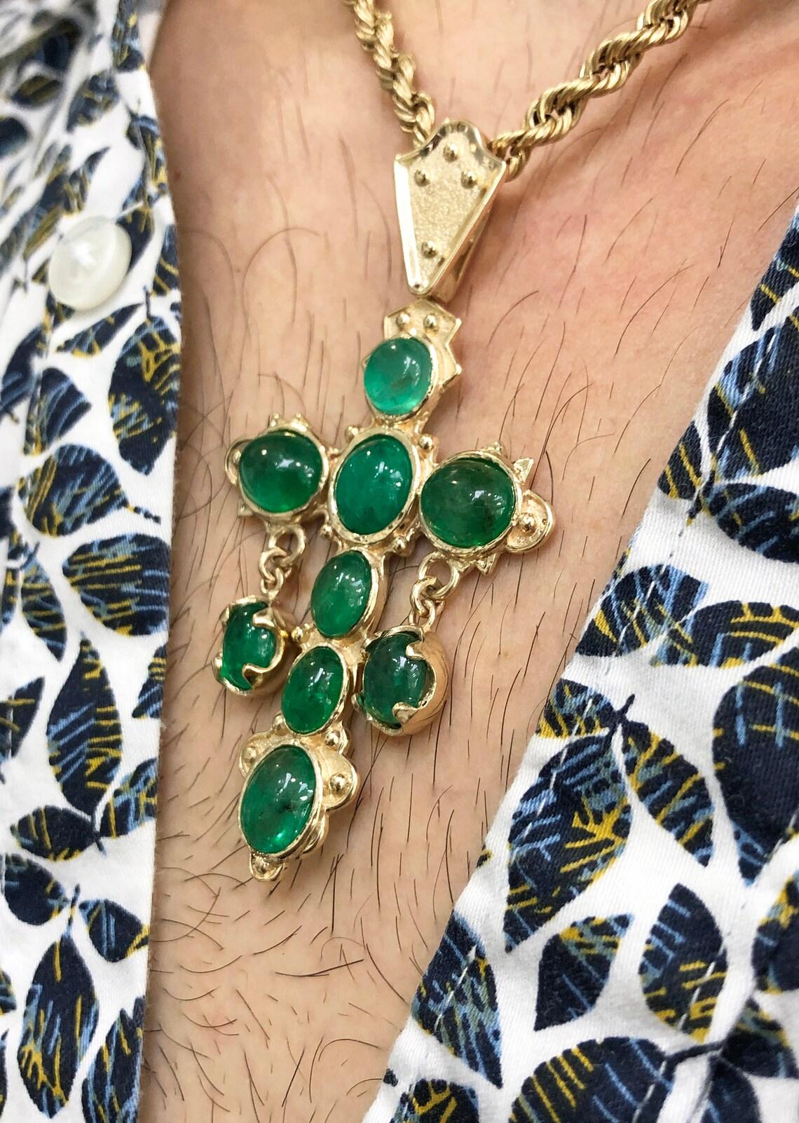 Modern 10.0tcw Atocha Replica Colombian Emerald Cross Pendant 18K Yellow Gold Cabochon For Sale