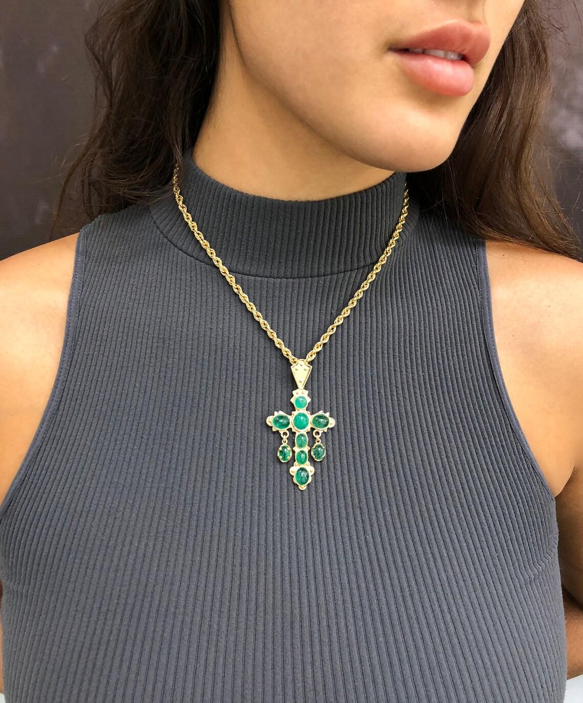 Emerald Cut 10.0tcw Atocha Replica Colombian Emerald Cross Pendant 18K Yellow Gold Cabochon For Sale