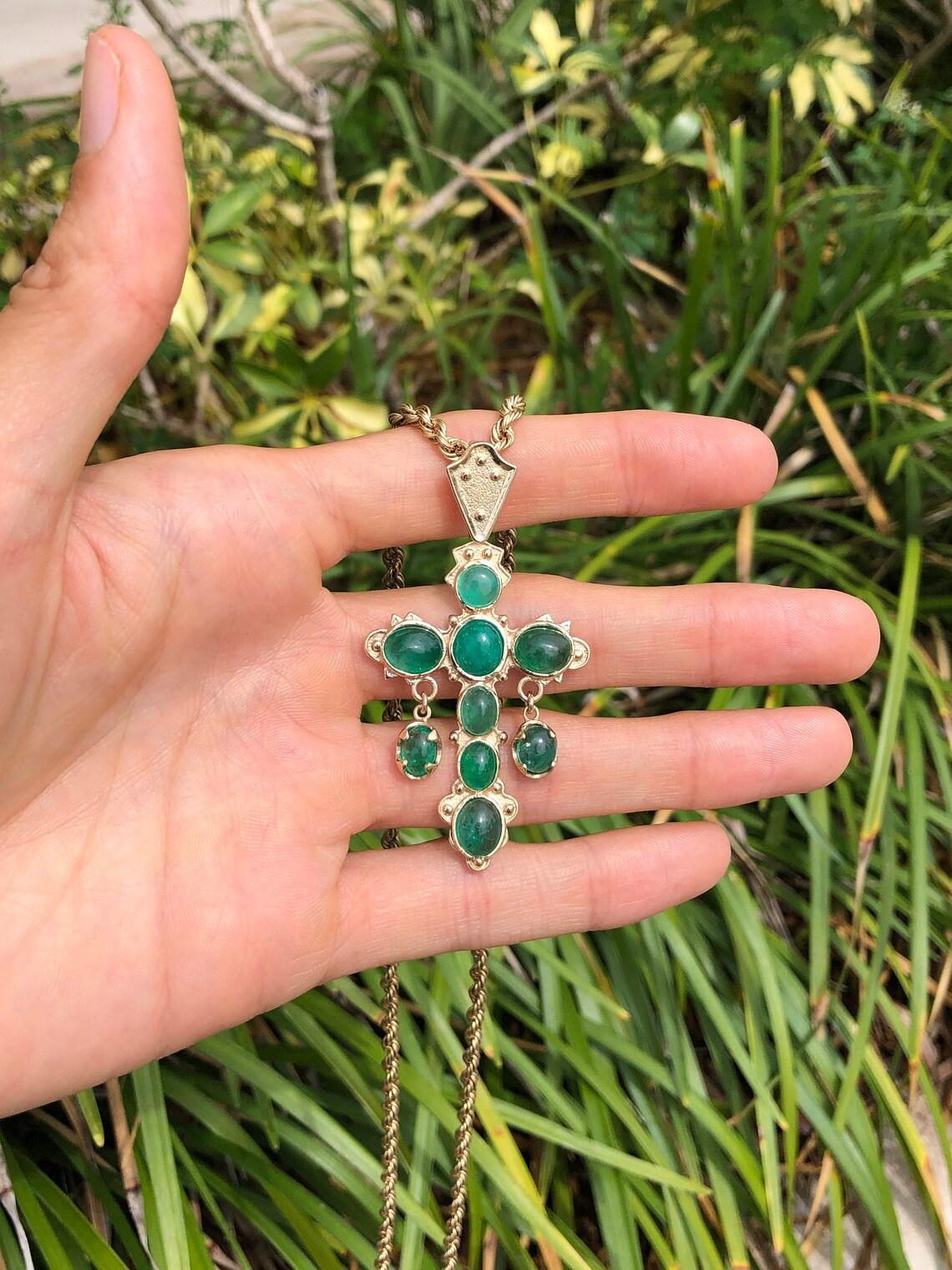 Women's 10.0tcw Atocha Replica Colombian Emerald Cross Pendant 18K Yellow Gold Cabochon For Sale