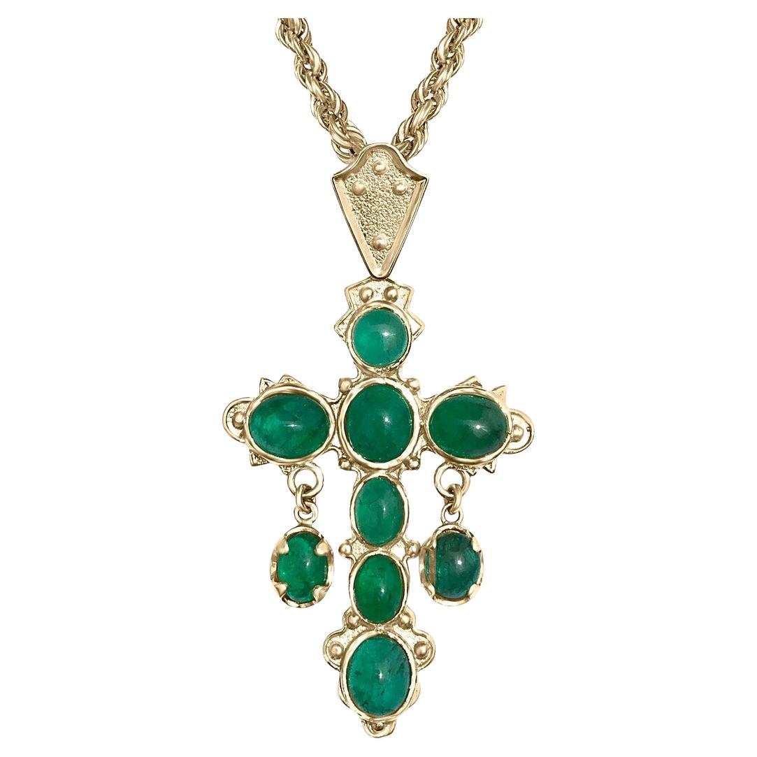 10.0tcw Atocha Replica Colombian Emerald Cross Pendant 18K Yellow Gold Cabochon For Sale