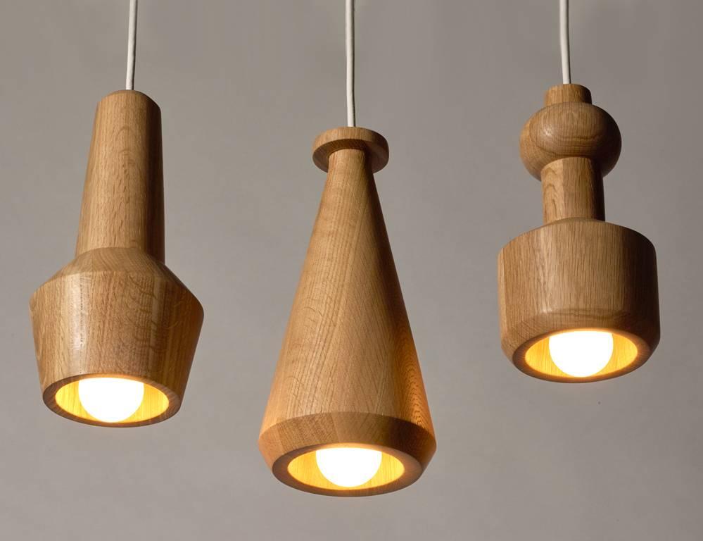 100xbtr Contemporary Solid Oak Bottle Pendant Hanging Lights, Set of Three For Sale 2