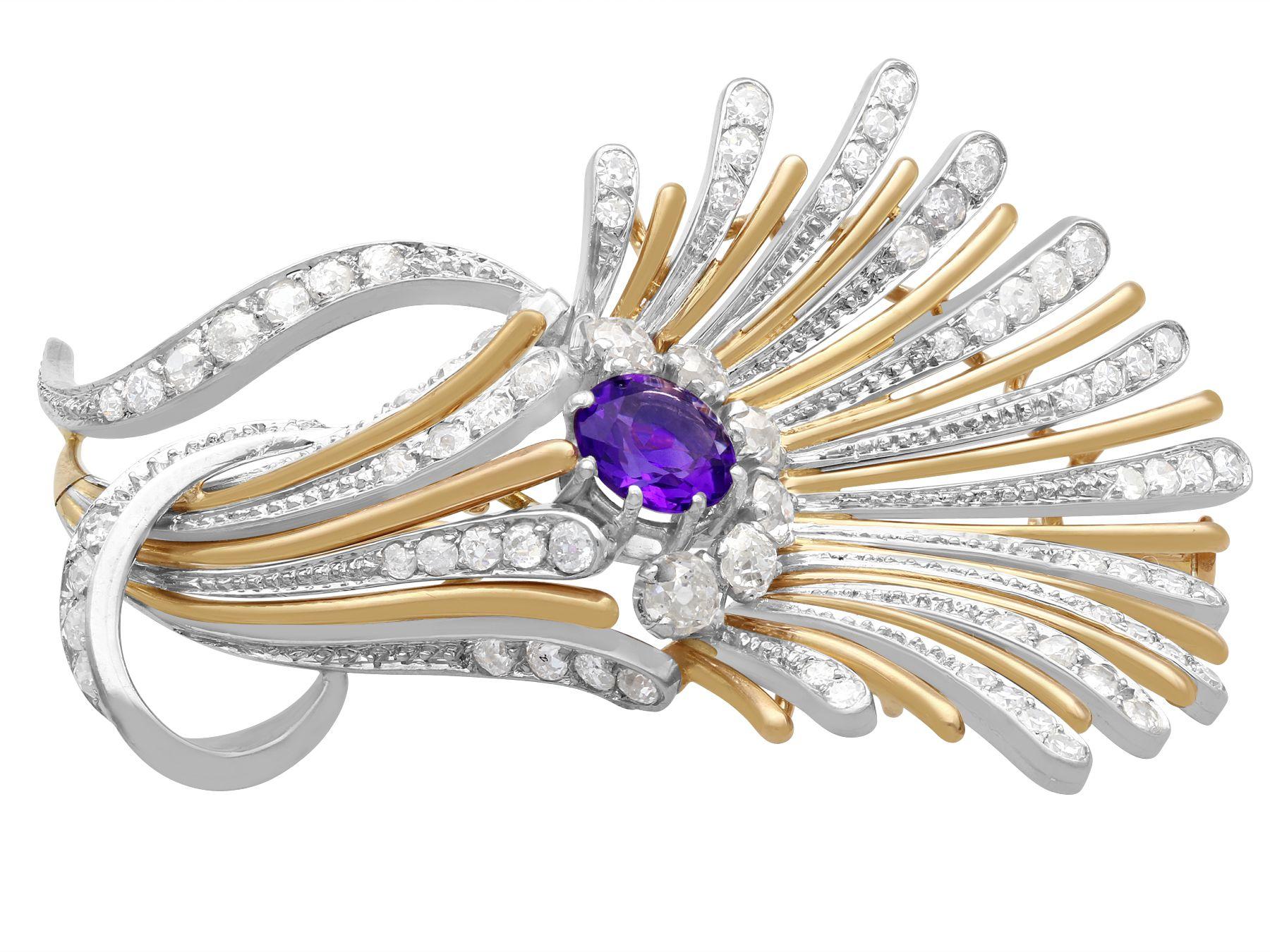 A stunning vintage Art Deco 1.01 carat amethyst and 1.69 carat diamond, platinum and 14k yellow gold brooch; part of our diverse vintage jewelry and estate jewelry collections.

This stunning, fine and impressive vintage amethyst brooch has been