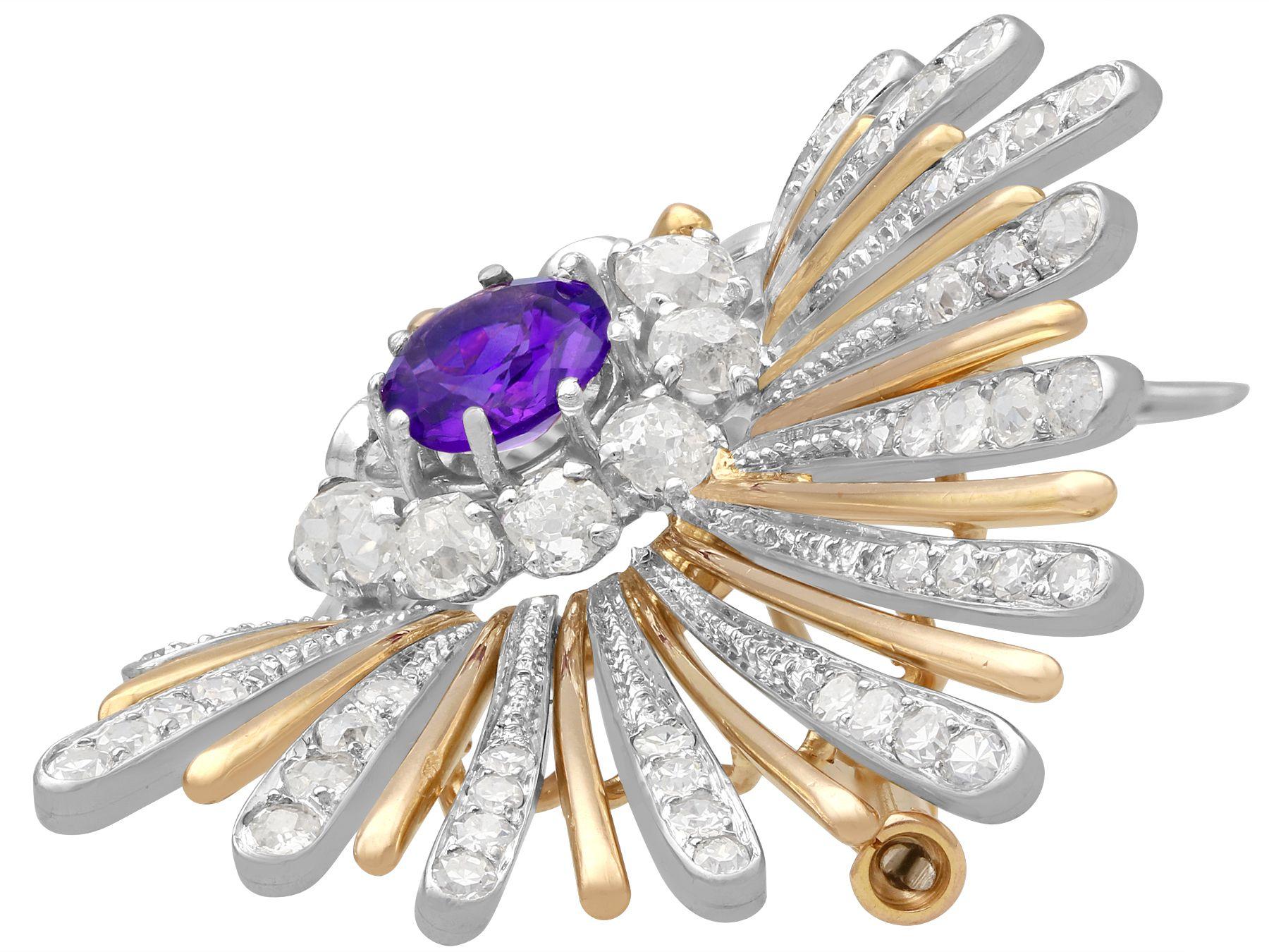Art Deco 1.01 Carat Amethyst 1.69 Carat Diamond Platinum Yellow Gold Brooch In Excellent Condition For Sale In Jesmond, Newcastle Upon Tyne