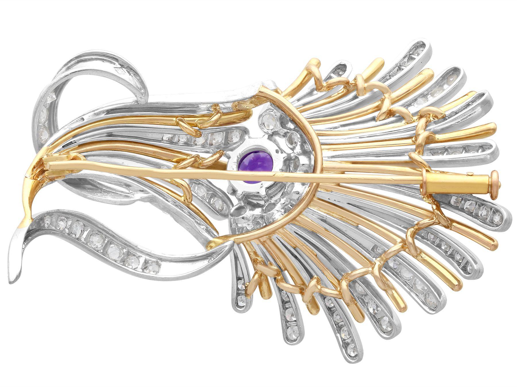 Art Deco 1.01 Carat Amethyst 1.69 Carat Diamond Platinum Yellow Gold Brooch For Sale 1