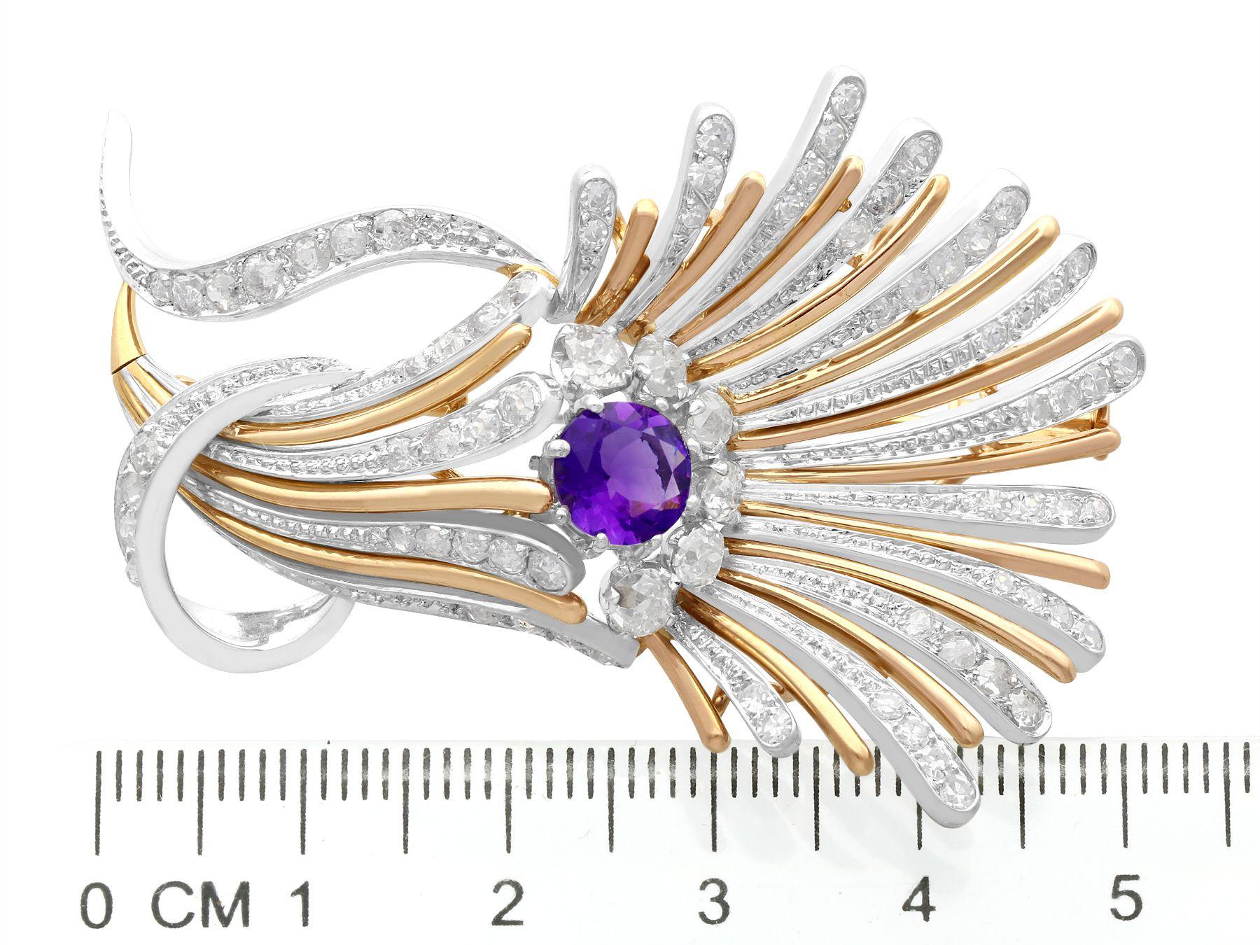 Art Deco 1.01 Carat Amethyst 1.69 Carat Diamond Platinum Yellow Gold Brooch For Sale 2