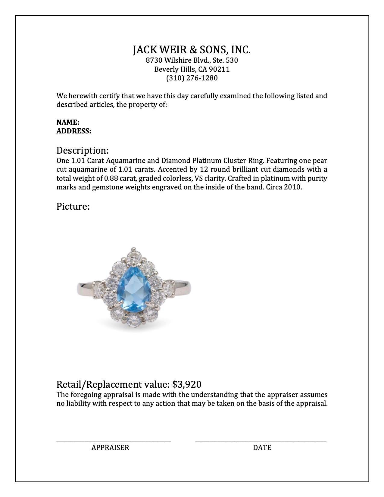 1.01 Carat Aquamarine and Diamond Platinum Cluster Ring For Sale 1