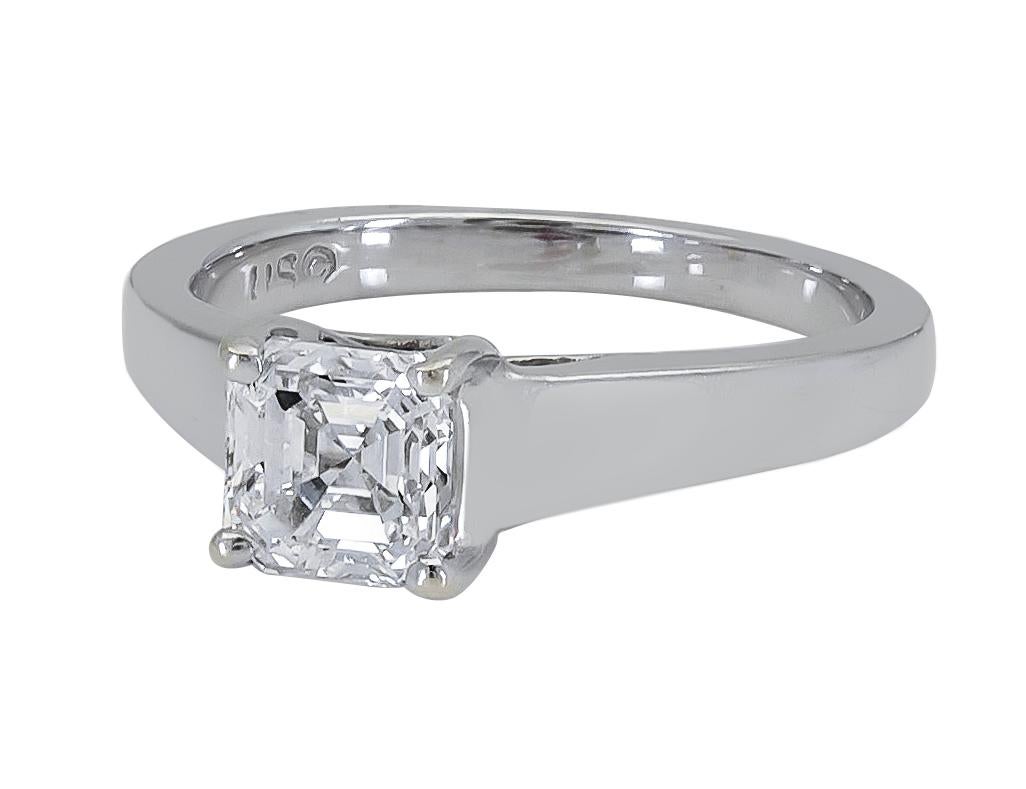 A classic engagement ring style showcasing a single asscher cut diamond set in a solitaire mounting made in 18k white gold. Diamond is set in a weaving prong style (trellis design).
Diamond weighs 1.01 carats.
Diamond is I color, VS clarity.
Size