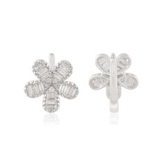 1.01 Carat Baguette Diamond Flower Stud Earrings Solid 14k White Gold Jewelry