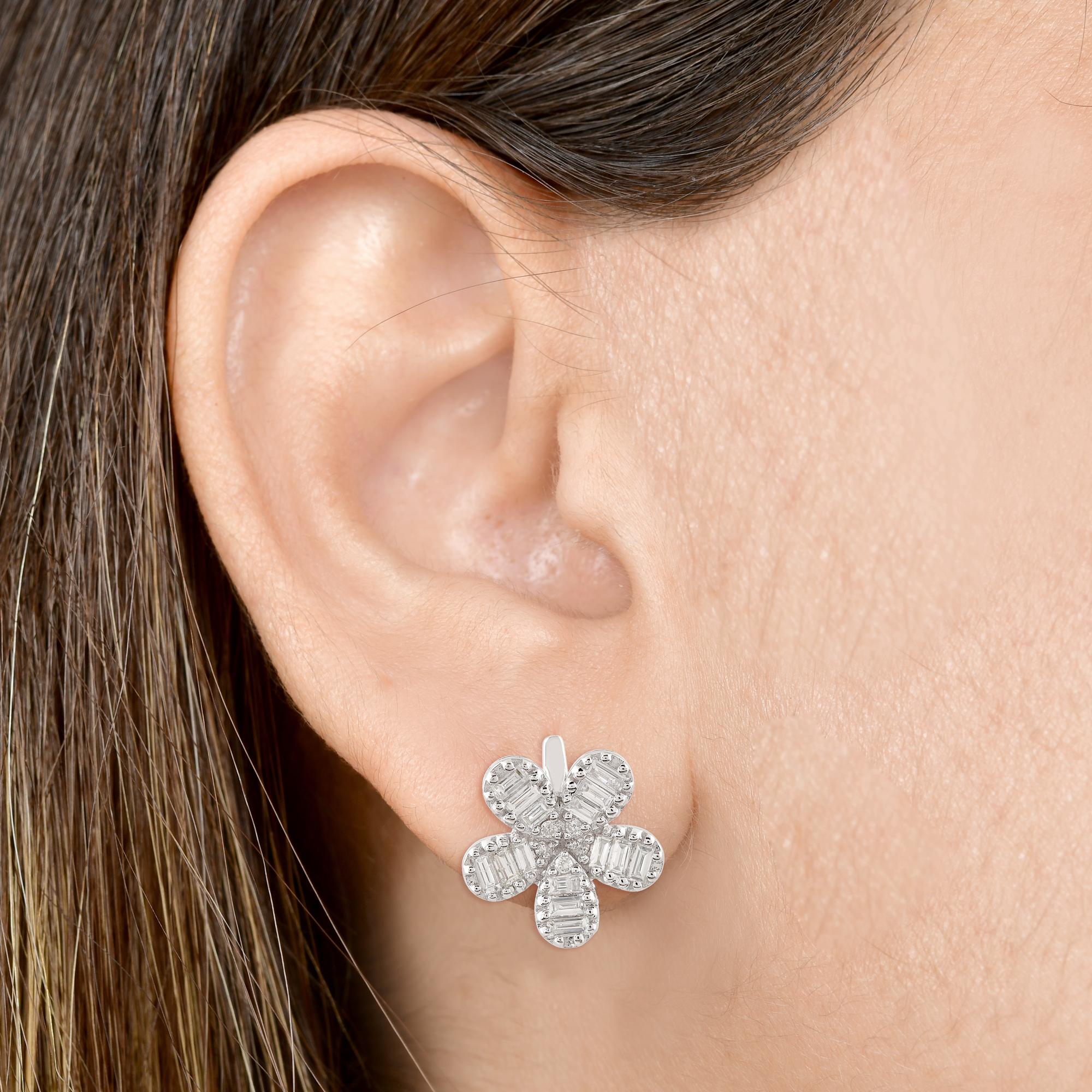 Baguette Cut 1.01 Carat Baguette Diamond Flower Stud Earrings Solid 14k White Gold Jewelry For Sale