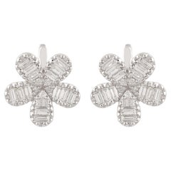 1.01 Carat Baguette Diamond Flower Stud Earrings Solid 14k White Gold Jewelry