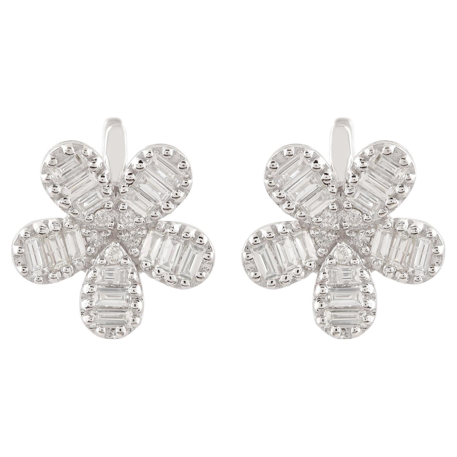 1.01 Carat Baguette Diamond Flower Stud Earrings Solid 14k White Gold Jewelry
