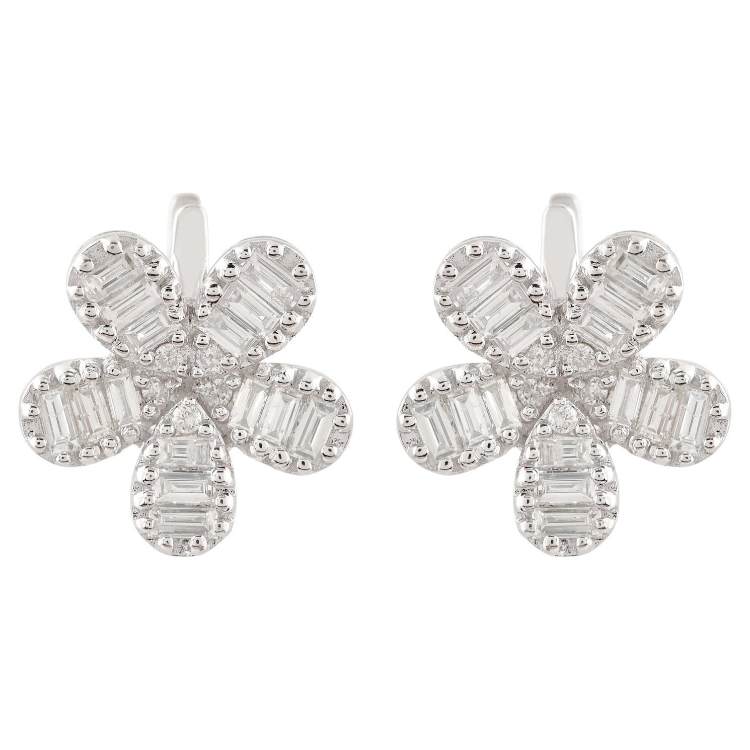 1.01 Carat Baguette Diamond Flower Stud Earrings Solid 14k White Gold Jewelry