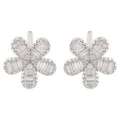 Pendientes flor de diamantes baguette de 1,01 quilates en oro blanco macizo de 14k Joyas