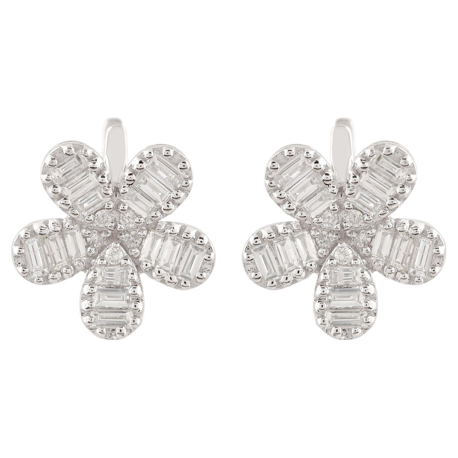 1.01 Carat Baguette Diamond Flower Stud Earrings Solid 18k White Gold Jewelry
