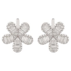 1.01 Carat Baguette Diamond Flower Stud Earrings Solid 18k White Gold Jewelry