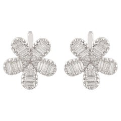 1.01 Carat Baguette Diamond Flower Stud Earrings Solid 18k White Gold Jewelry