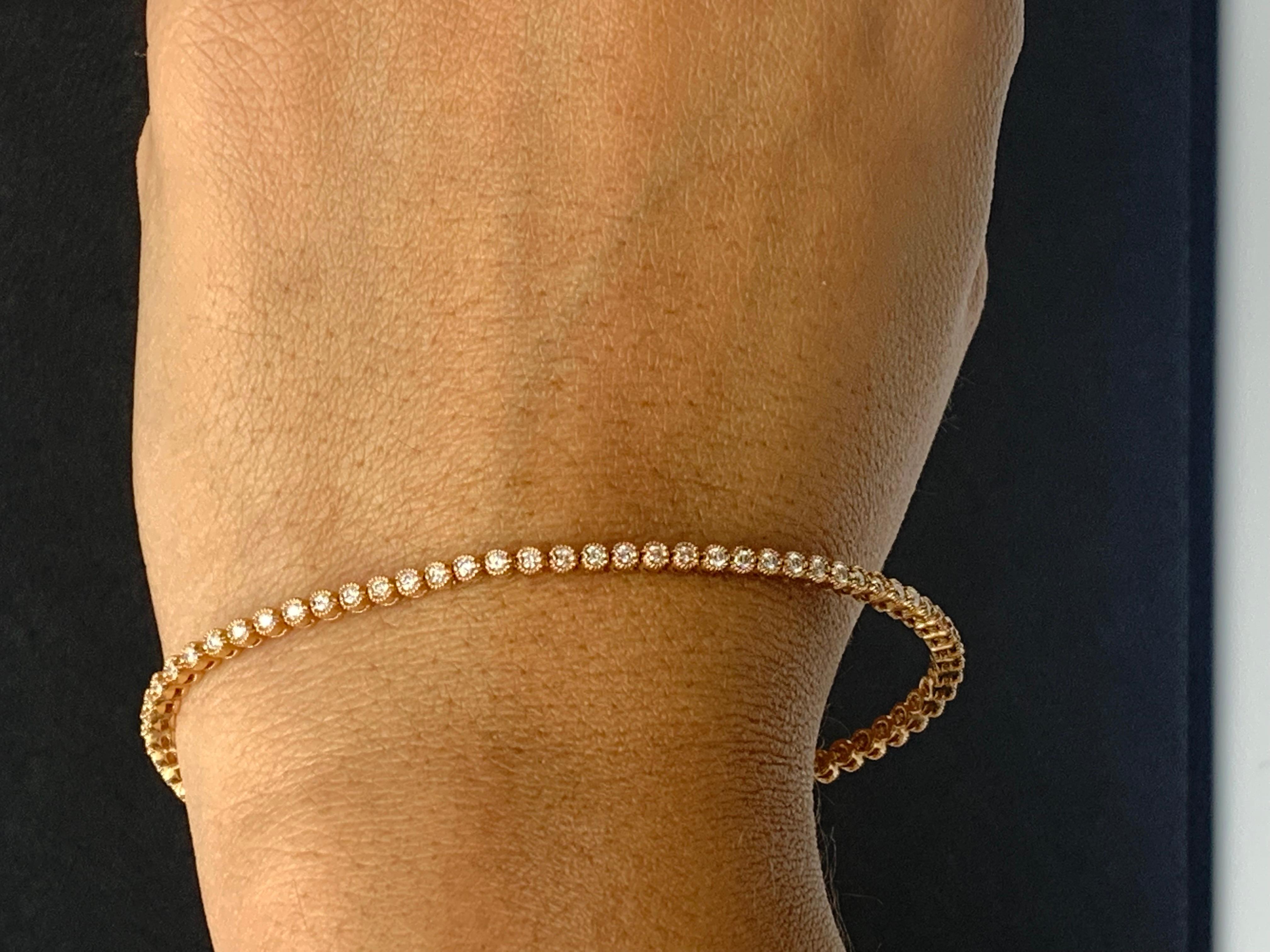 1,01 Karat Diamant-Tennisarmband aus 14 Karat Roségold mit rundem Brillantschliff (Rundschliff) im Angebot