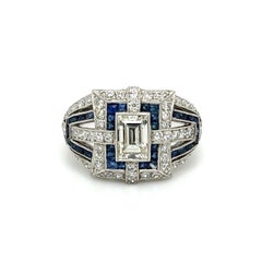 1.01 Carat Carré Diamond and Sapphire Art Deco Style Platinum Ring