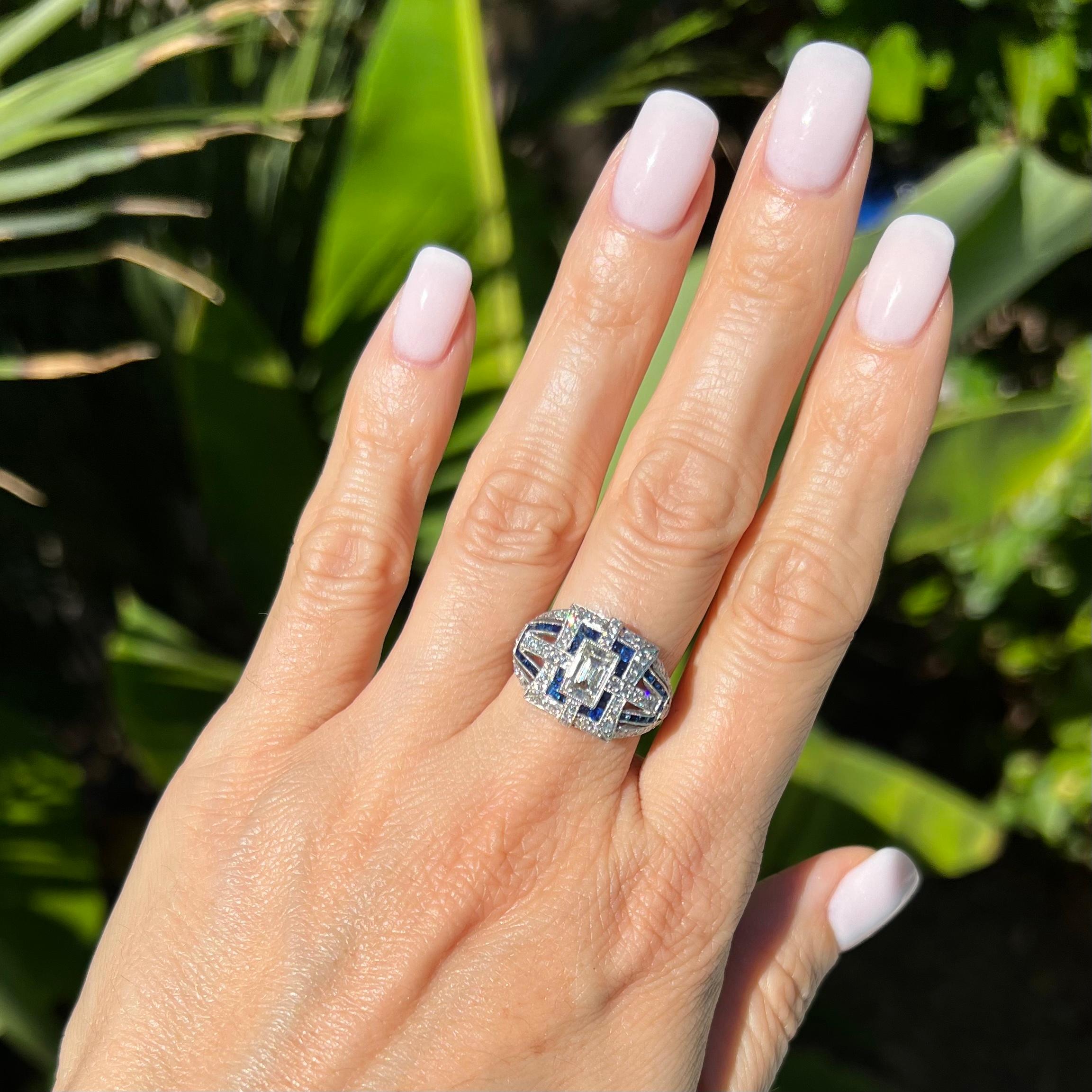 Mixed Cut 1.01 Carat Carré Diamond and Sapphire Art Deco Style Platinum Ring For Sale