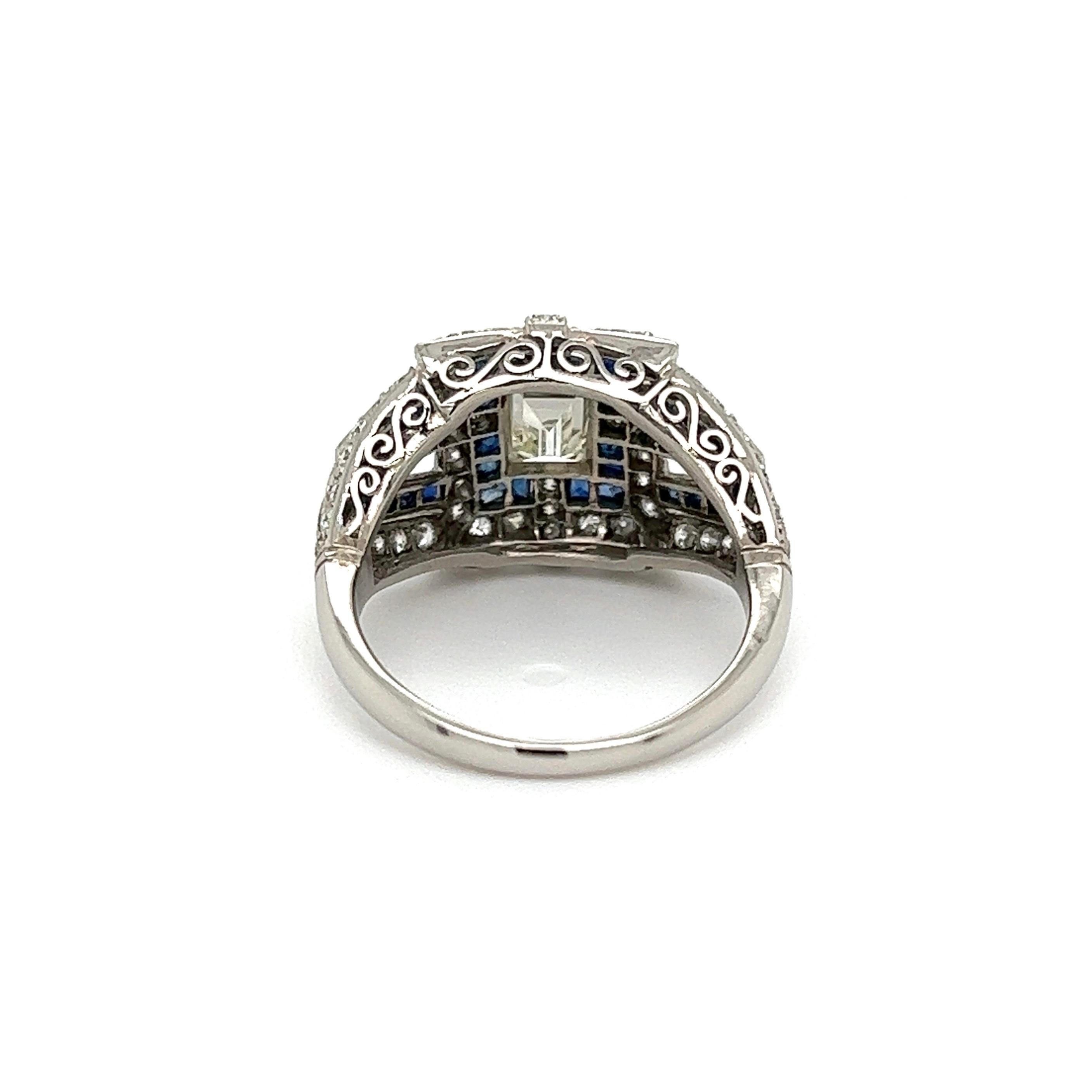 Women's 1.01 Carat Carré Diamond and Sapphire Art Deco Revival Platinum Ring For Sale