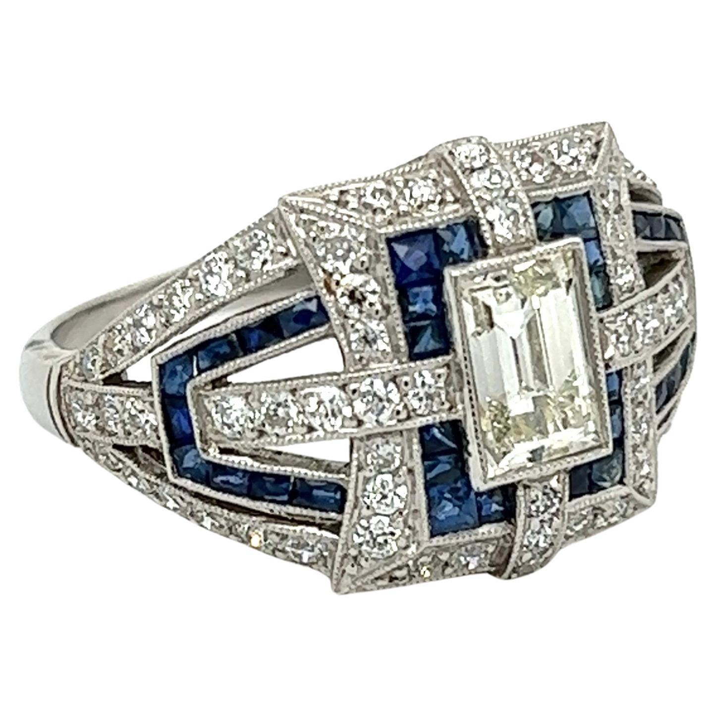 1.01 Carat Carré Diamond and Sapphire Art Deco Revival Platinum Ring For Sale