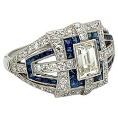 Bague en platine Art Deco Revival avec diamant Carré et saphir de 1,01 carat