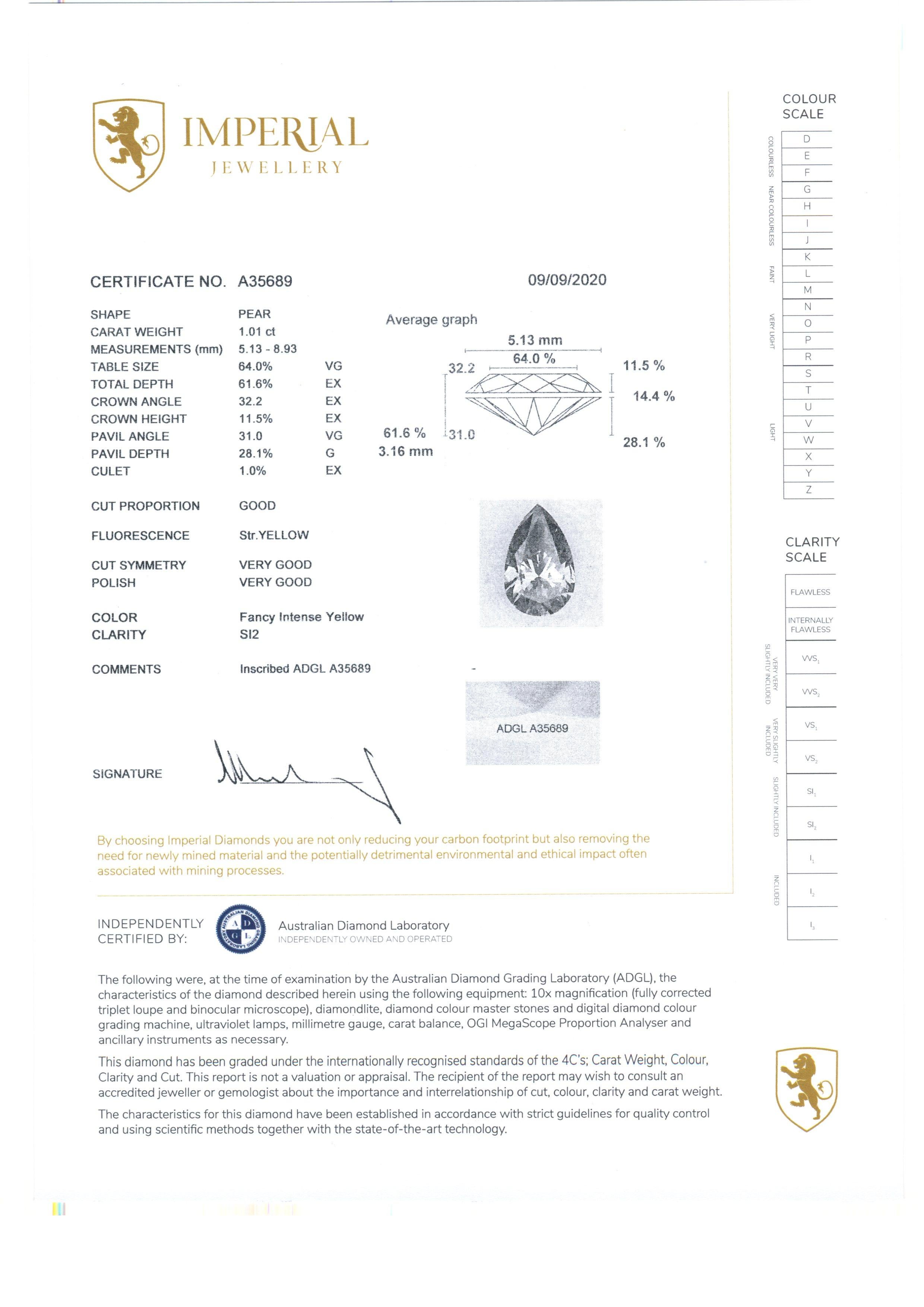 1.01 Carat Certified Fancy Yellow Pear Diamond and 0.42 Carat Engagement Ring For Sale 6