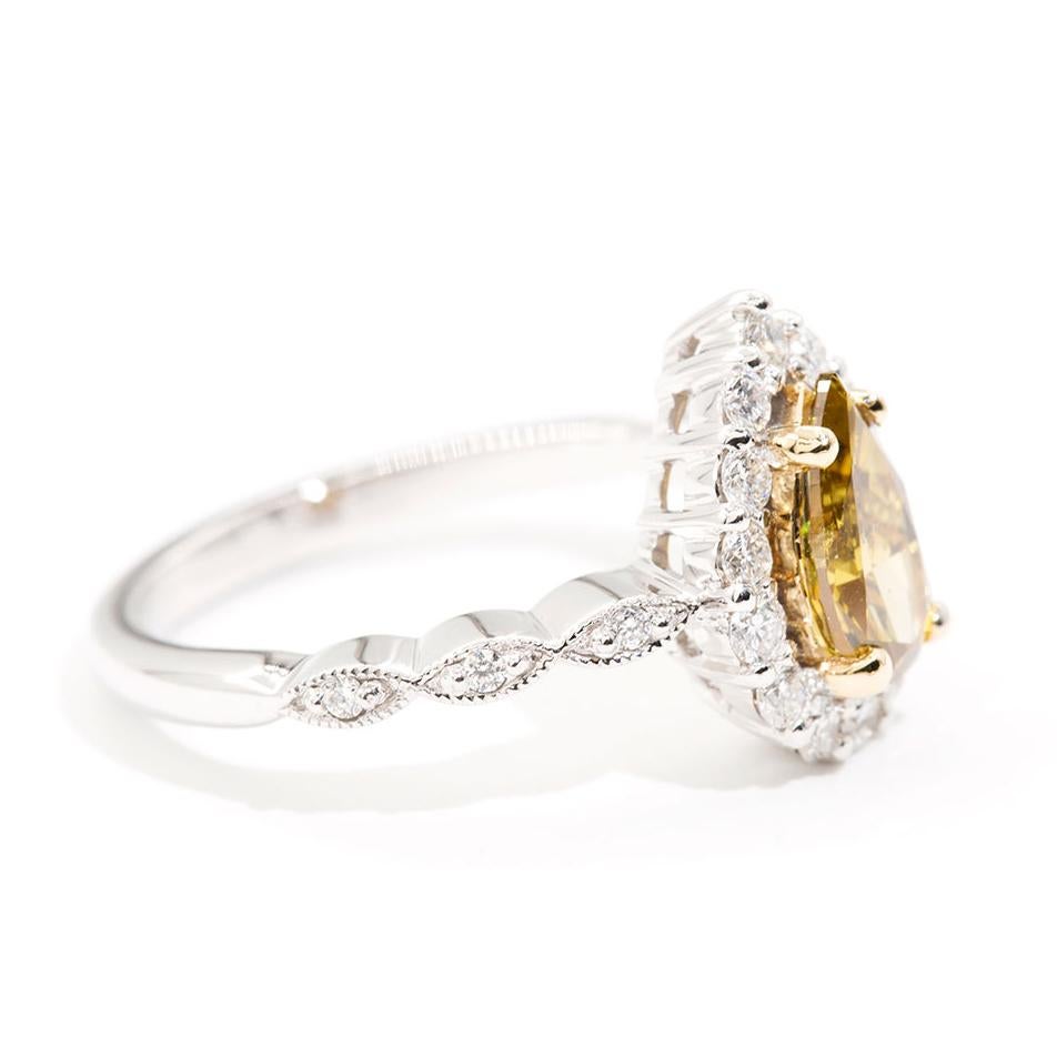 1.01 Carat Certified Fancy Yellow Pear Diamond and 0.42 Carat Engagement Ring In New Condition For Sale In Hamilton, AU