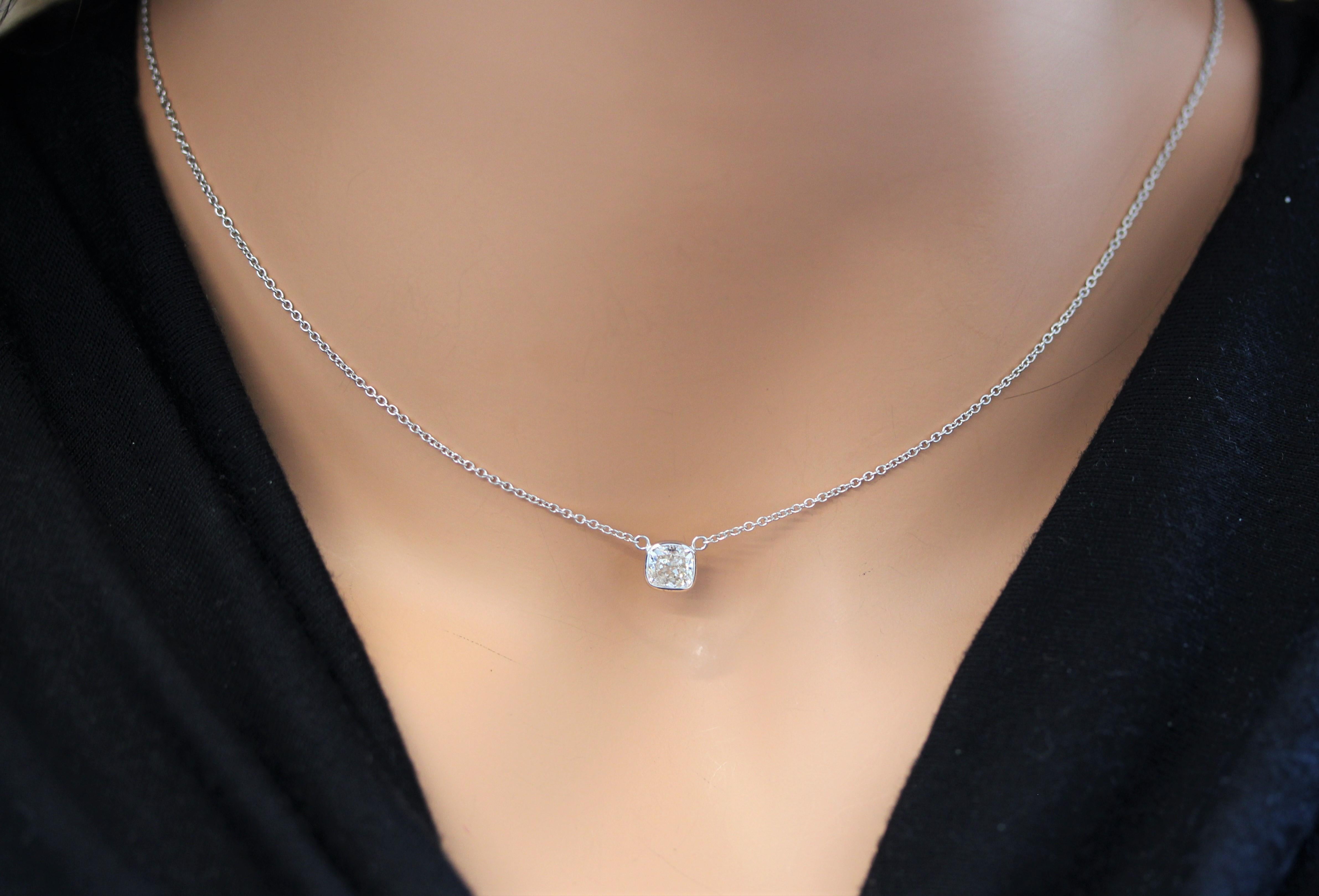 Contemporary 1.01 Carat Cushion Brilliant Diamond Handmade Solitaire Necklace In 14k WG For Sale