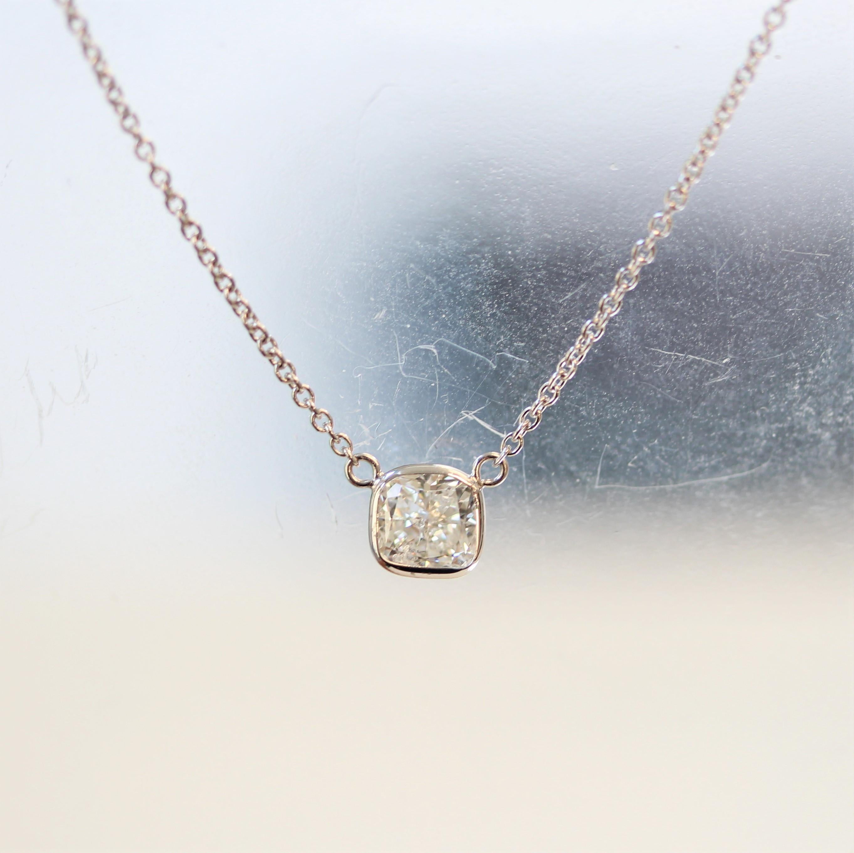 1.01 Carat Cushion Brilliant Diamond Handmade Solitaire Necklace In 14k WG For Sale