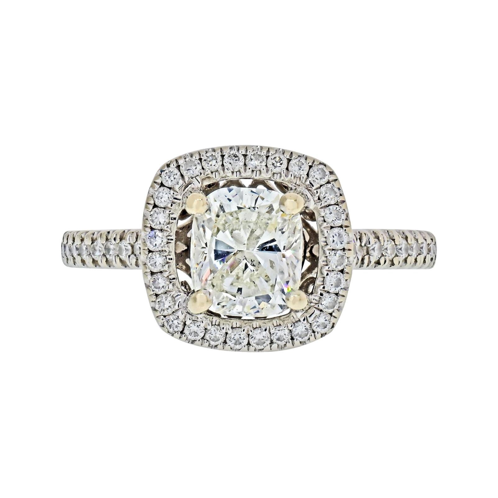 1.01 Carat Cushion Cut Diamond I/VS2 GIA Halo Engagement Ring For Sale