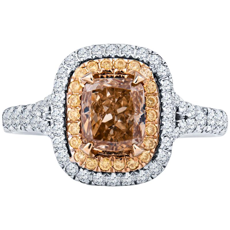 1.01 Carat Cushion Cut Natural Fancy Brown/Orange, Yellow and White Diamond Ring For Sale