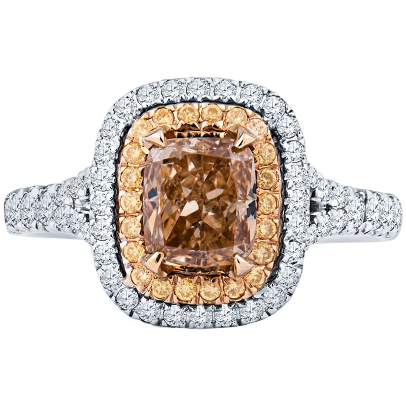 1.01 Carat Cushion Cut Natural Fancy Brown/Orange, Yellow and White Diamond Ring