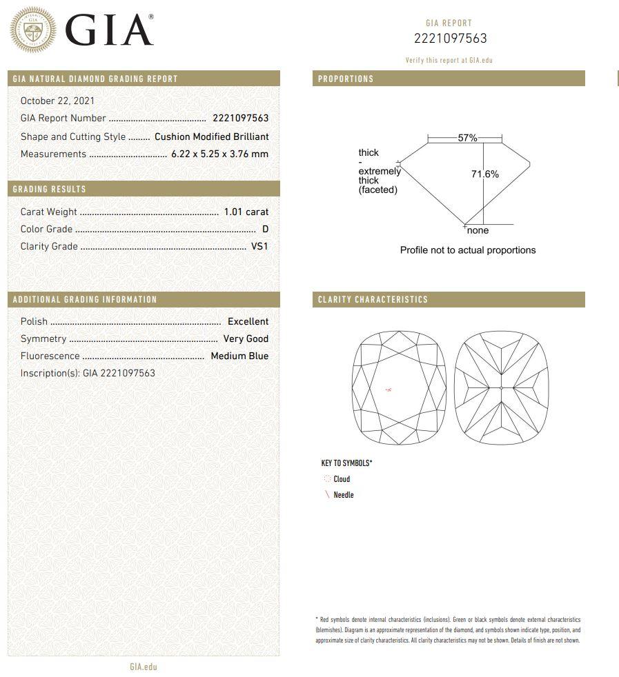 1.01 Carat Cushion cut diamond VS1 Clarity GIA Certified For Sale 2