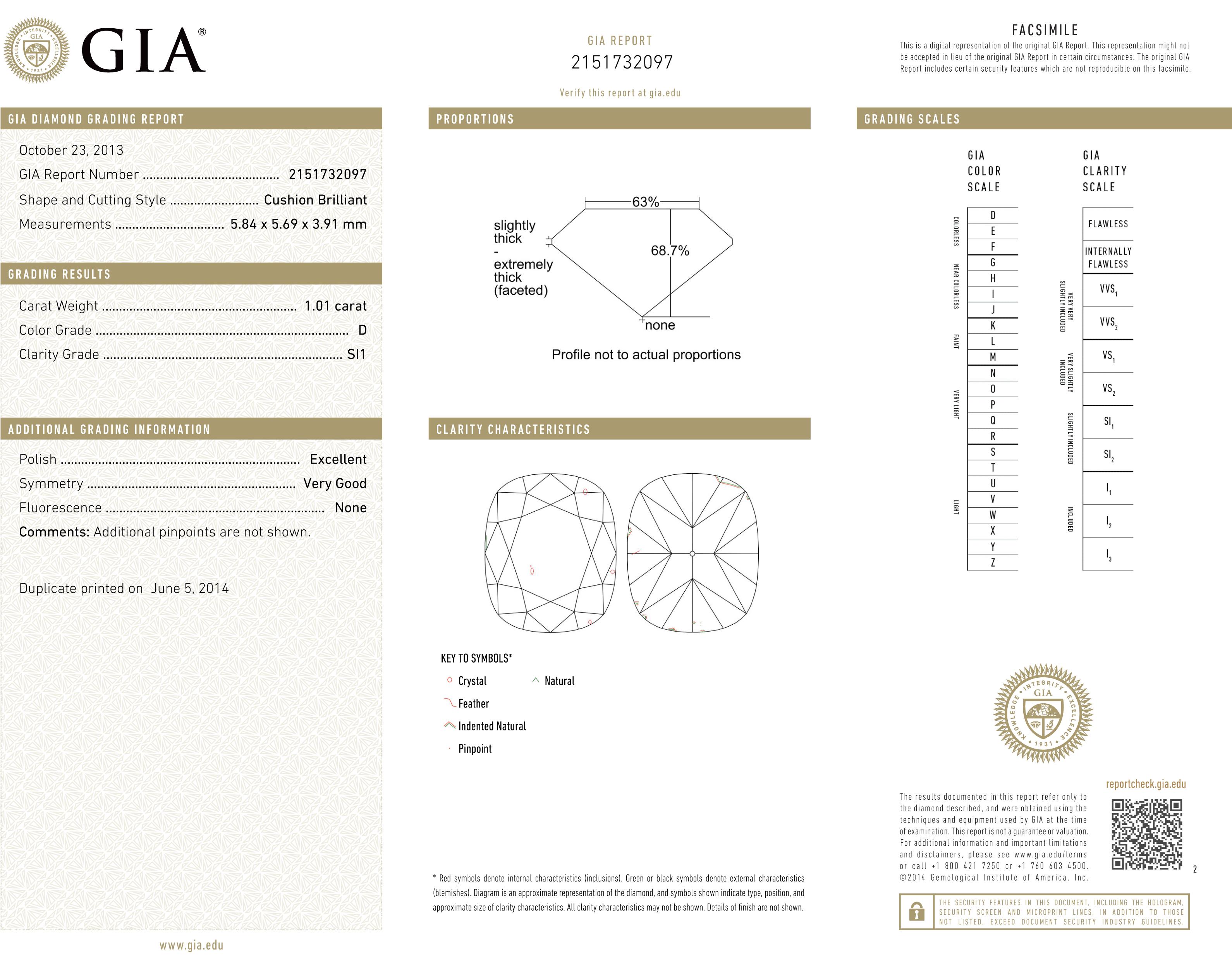 1.01 Carat D SI1 Cushion Diamond Platinum Ring In Good Condition For Sale In London, GB